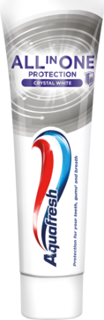 Tubka pasty Aquafresh All in One Protection Crystal White, widok z przodu, białe opakowanie z czerwono-niebieskim logo.