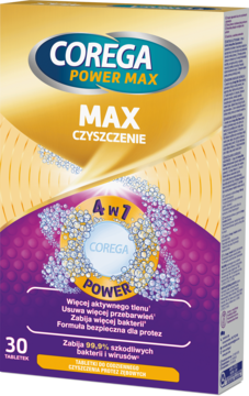 Corega Power Max, 30 tabletek do czyszczenia protez 4w1, żółto-fioletowe pudełko z grafiką bąbelków.