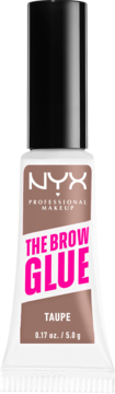 NYX The Brow Glue Taupe, utrwalający żel do brwi w taupe tubce z różowym napisem, widok z przodu.