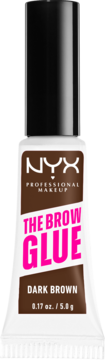 NYX The Brow Glue, klej do brwi w tubce, ciemnobrązowy, białe opakowanie z czarną nakrętką, widok z przodu.