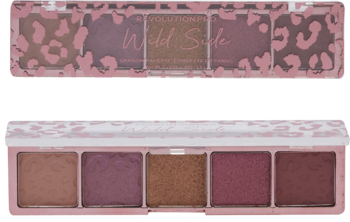 Revolution Pro Glam Rose Gold Leopard Paleta cieni: 5 burgundowych odcieni (maty, błyski), widok palety i pudełka.