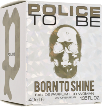 Perfuma Police To Be Born To Shine dla kobiet, białe pudełko ze srebrną grafiką czaszki, widok z przodu i boku.