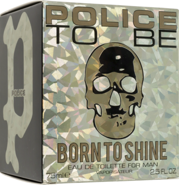 Męski zapach Police To Be Born To Shine EDT w szarym pudełku ze złotą czaszką, widok z przodu i boku.