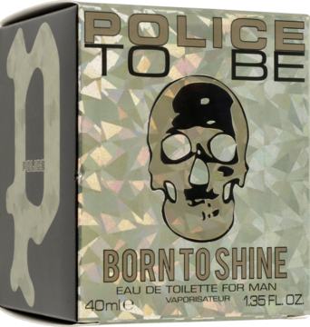 Police To Be Born To Shine męskie perfumy, srebrne pudełko z holograficzną czaszką, widok pod kątem.