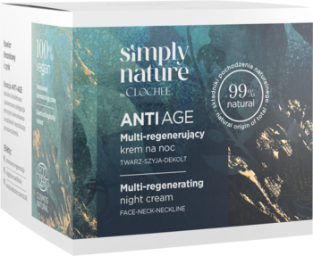 Clochee Simply Nature Anti-Age Multi-regenerujący krem na noc, białe pudełko z zielono-złotym motywem, widok pod kątem.