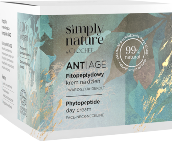 Clochee Simply Nature Anti-Age Fitopeptydowy krem na dzień w białym pudełku z zielonymi liśćmi, 99% naturalny.