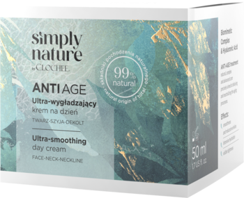 Krem Clochee Simply Nature Anti Age Ultra-smoothing day cream w pudełku, zielono-niebieskim ze złotymi wzorami, widok z przodu.