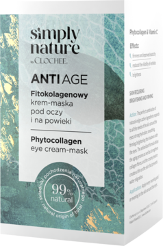 Clochee Simply Nature Anti-Age Fitokolagenowy krem-maska pod oczy, białe pudełko, widok z przodu pod kątem.