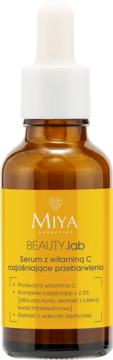 Miya Beauty.lab serum z witaminą C, rozjaśniające przebarwienia, w bursztynowej butelce z zakraplaczem, widok z przodu.