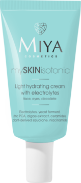 Miya mySKINisotonic lekki krem nawadniający z elektrolitami w miętowej tubce, widok z przodu.