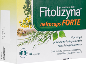 Białe pudełko Fitolizyna nefrocaps FORTE, suplement diety na nerki i drogi moczowe, zielone grafiki, widok z góry.