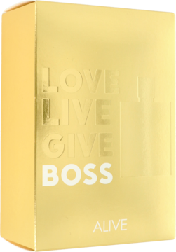 Złote, prostokątne pudełko zestawu perfum Hugo Boss Alive Woman z napisem LOVE LIVE GIVE BOSS, widok lekko pod kątem.