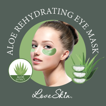 Love Skin Aloe Rehydrating Eye Mask: grafika z kobietą z zielonymi hydrożelowymi płatkami pod oczy, aloes.