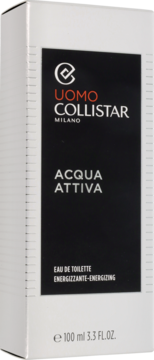 UOMO COLLISTAR Acqua Attiva Eau de Toilette 100ml, białe pudełko z czarnym panelem i napisami, widok z przodu.