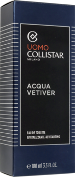 Pudełko Uomo Collistar Acqua Vetiver Eau de Toilette 100 ml, granatowe, z białymi napisami, widok z przodu.
