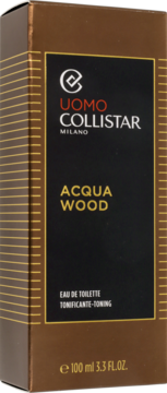 Pudełko Collistar Uomo Acqua Wood Eau de Toilette 100 ml, brązowo-czarne, ze złotym napisem, widoczne paski.