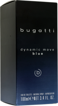 Ciemnoniebieskie pudełko perfum Bugatti Dynamic Move Blue 100ml EDT, widok frontalny z białymi napisami.