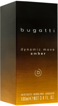 Bugatti Dynamic Move Amber EDT, eleganckie pudełko 100ml z gradientem od czerni do bursztynu, widok z przodu.