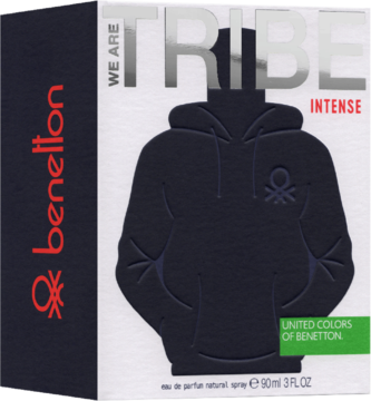 Białe opakowanie perfum Benetton Tribe Intense, widok z przodu. Czarny wzór bluzy z kapturem i czerwone logo.