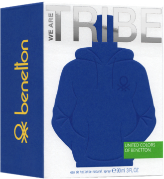 Męska woda Benetton We Are Tribe, biało-granatowe pudełko z grafiką niebieskiej bluzy, widok przód.