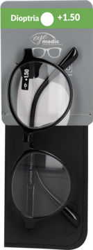 Dwie pary składanych okularów do czytania +1.50. Czarne, okrągłe oprawki, jedne w etui, drugie w opakowaniu.