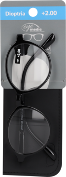 Czarne okulary do czytania z dioptrią +2.00 w szarym opakowaniu i czarnym etui, widok z góry.