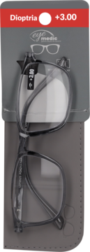 Okulary do czytania +3.00 Eye Medic, szare oprawki w opakowaniu z miękkim etui. Widok z przodu.