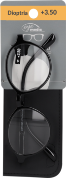 Czarne okulary do czytania +3.50 dioptrii, z okrągłymi oprawkami, w opakowaniu i czarnym etui, widok z góry.