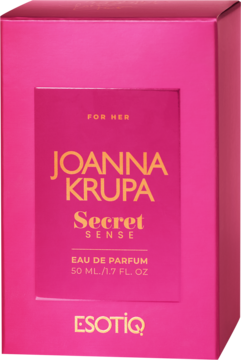 Fuksjowe pudełko perfum damskich Joanna Krupa Secret Sense 50ml, widok frontalny, z nazwą marki.