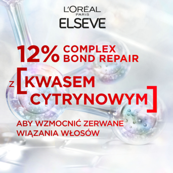 L'Oréal Elseve Bond Repair: Grafika z 12% Complex Bond Repair i kwasem cytrynowym do wzmacniania włosów.