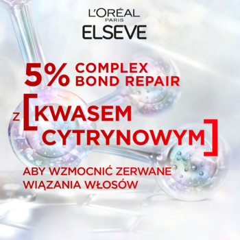 Grafika L'Oréal Elseve prezentująca 5% Complex Bond Repair z kwasem cytrynowym wzmacniający włosy.