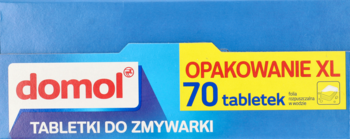 Domol tabletki do zmywarki w niebieskim opakowaniu XL, widoczna góra pudełka z napisem "70 tabletek".