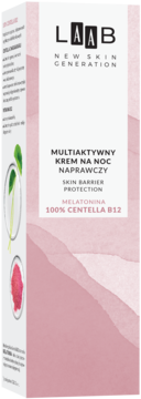LAAB Multiaktywny krem na noc naprawczy z Centella B12, biało-różowe pudełko, widok przód-bok.