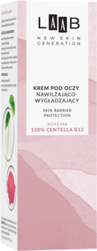 LAAB krem pod oczy nawilżająco-wygładzający z kofeiną, Centella B12, biało-różowy kartonik, widok z przodu.