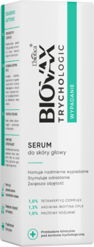 Białe pudełko Biovax Trychologic Serum do skóry głowy, przeciw wypadaniu włosów, zielony pasek.