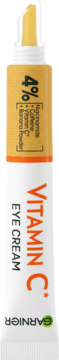 Krem pod oczy Garnier Vitamin C w białej tubce z żółtym aplikatorem, 4% niacynamid i kofeina, widok z przodu.
