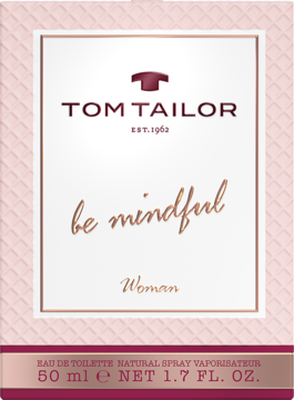 Tom Tailor Be Mindful Woman EDT w różowo-białym, pikowanym pudełku z przodu. Złoty napis 'be mindful' i brązowe logo.