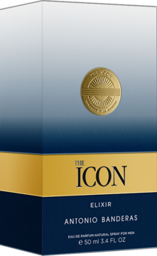 Pudełko perfum Antonio Banderas The Icon Elixir dla mężczyzn, granatowo-złote z okrągłym emblematem, widok z przodu pod kątem.