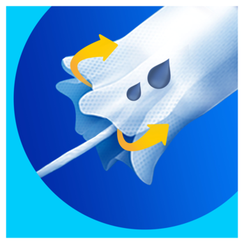 Tampon Tampax Regular 100% bawełny z chłonną falbanką i kroplami, na niebieskim tle, ukazujący wchłanianie płynu.