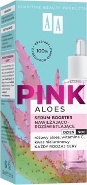 AA Pink Aloes Serum-Booster, niebieskie pudełko z różowym aloesem i kroplomierzem, widok z przodu.