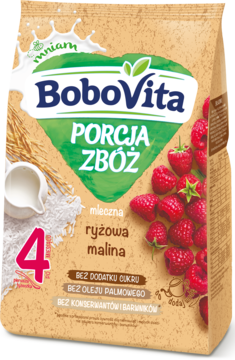 Kaszka BoboVita Porcja Zbóż mleczna ryżowa malina, beżowa torebka, bez cukru, widok z przodu.
