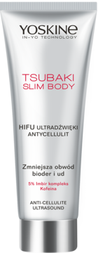YOSKINE Tsubaki Slim Body, biało-srebrna tuba, frontalny widok, koncentrat antycellulitowy z imbirem i kofeiną.