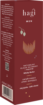 Hagi Men naturalny olejek do brody Whisky Barber w ciemnoczerwonym pudełku, widok pod kątem.