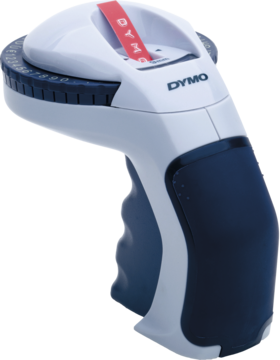 Biała, ręczna wytłaczarka etykiet Dymo Omega z ergonomicznym, granatowym uchwytem Soft-Grip, widok z przodu.