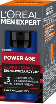 L'Oréal Men Expert Power Age krem nawilżający z kwasem hialuronowym, niebiesko-czarna butelka w szarym pudełku, widok z przodu.