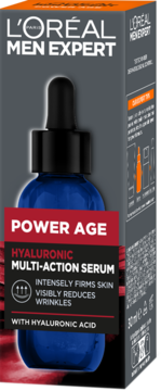 L'Oréal Men Expert Power Age Hyaluronic serum do twarzy, niebieska butelka w szarym pudełku, widok z przodu i boku.