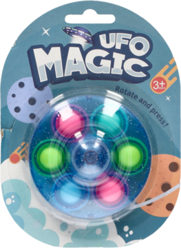 Zabawka zręcznościowa UFO Magic spinner i pop it w niebieskim blistrze, z kolorowymi guzikami, widok z przodu.