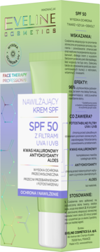 Eveline Cosmetics nawilżający krem SPF 50 UVA/UVB, jasnozielona tuba i pudełko, widok z przodu.