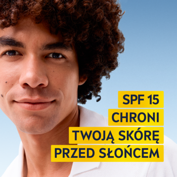 NIVEA MEN Sensitive, SPF 15: Portret mężczyzny z kręconymi włosami i informacją "chroni skórę przed słońcem".