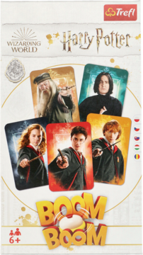Front of Harry Potter Boom Boom card game box, featuring Dumbledore, Snape, Hermione, Harry, Ron character cards.